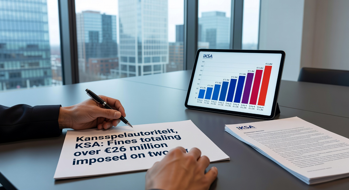 Grafiek met stijgende boetebedragen van de KSA tegen illegale goksites, met focus op de piek bij Novatech in 2025-2026