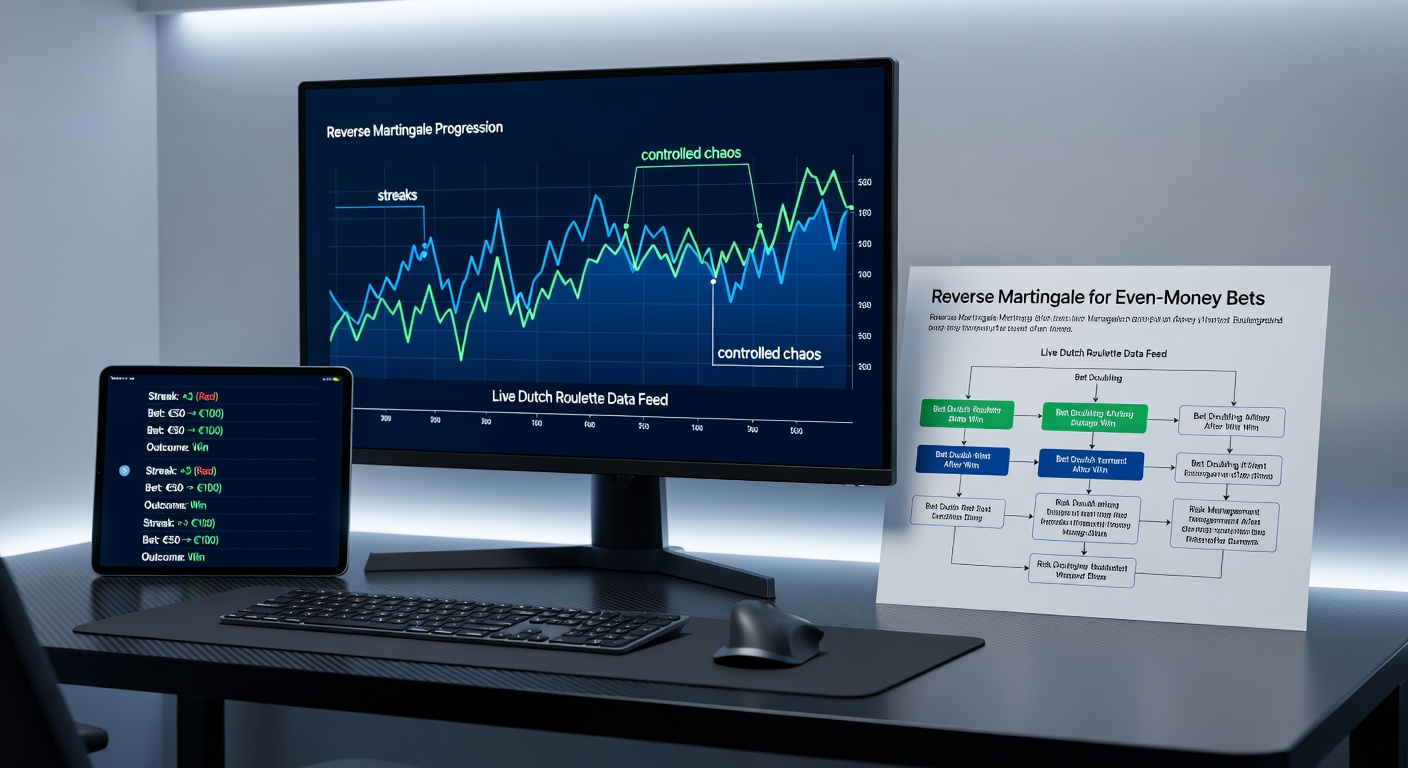 Grafiek met winstreaks en Reverse Martingale progressie op een live roulette interface, inclusief inzetverdubbeling na winsten