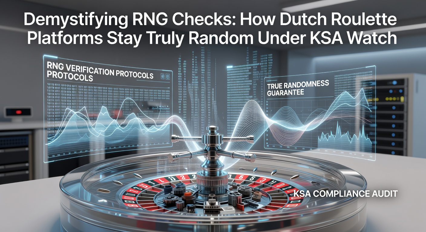 Grafische weergave van RNG-algoritmes in actie op een digitaal roulettewiel, met symbolen voor willekeur en KSA-goedkeuring