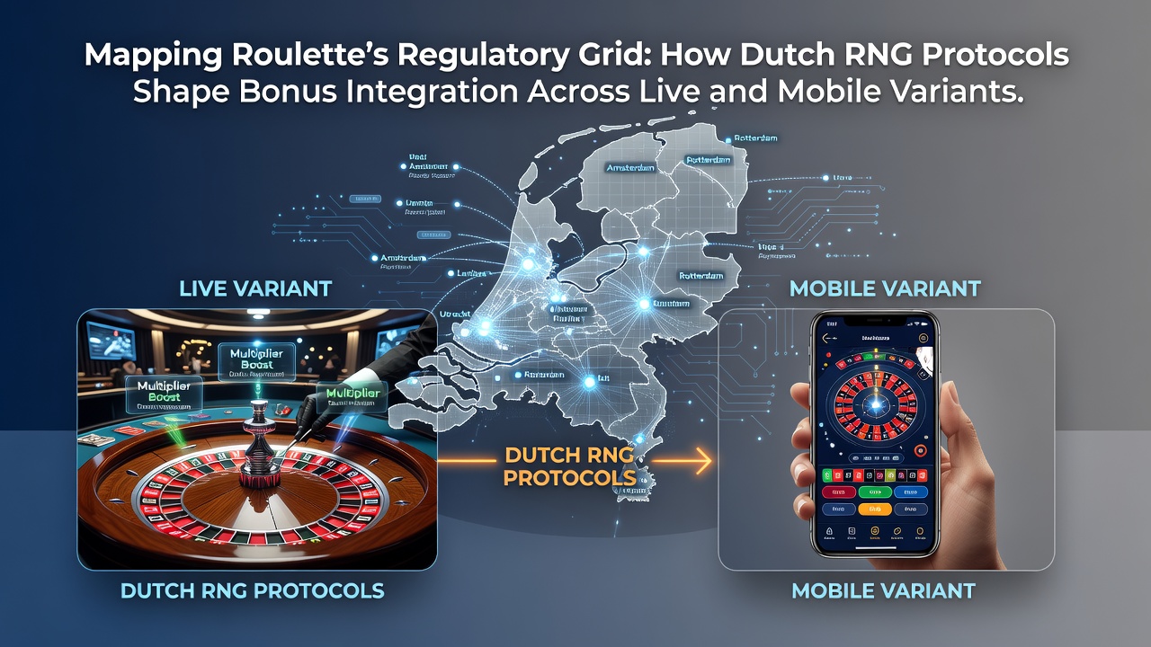 Diagram van Nederlandse RNG-protocollen die bonusintegratie in live- en mobiele rouletteplatforms weergeven