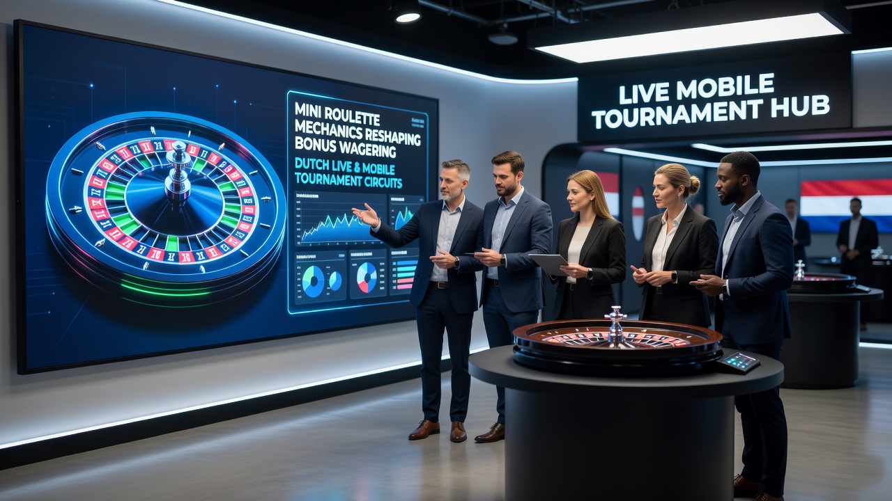 Mobiele toernooi interface met mini roulette en bonus voortgangsbalk