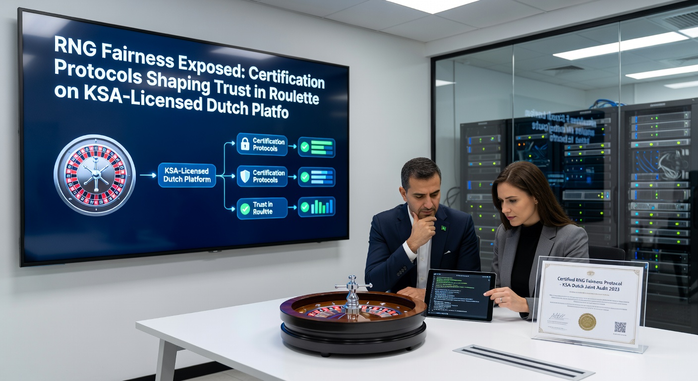 Visuele weergave van een RNG-testproces voor roulette, met grafieken van uitkomstverdelingen en certificeringszegels van GLI en iTech Labs