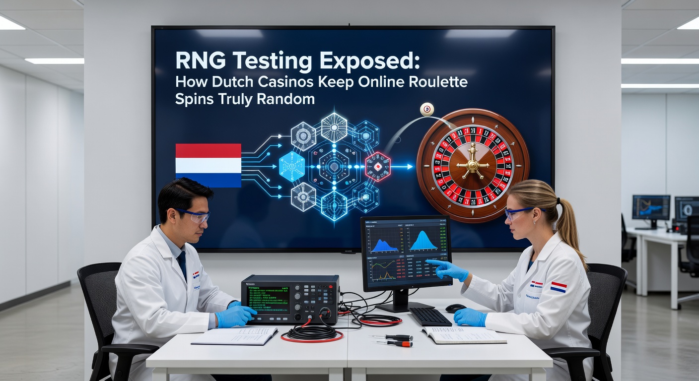 Schematische weergave van RNG-testproces met grafieken van verdelingen en certificeringsstappen in Nederlandse casino-omgeving